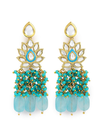 Gold-Polished Turquoise Blue Kundan Studded Classic Drop Earrings - Ruby Raang
