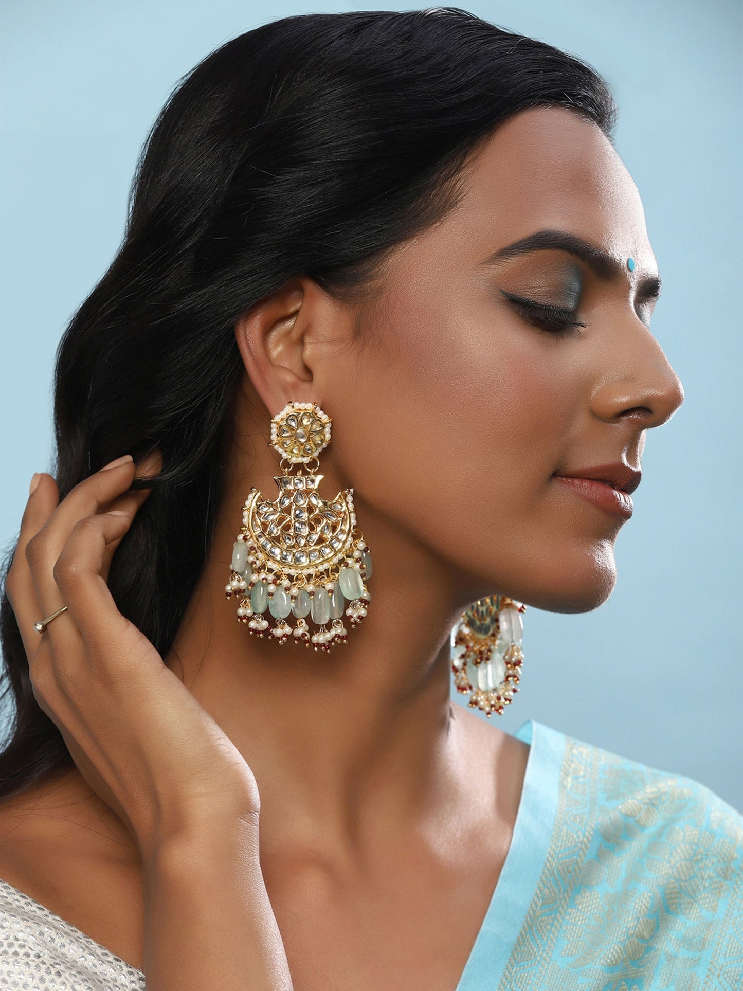 Gold-Polished Classic Kundan Studded Chandbalis Earrings - Ruby Raang
