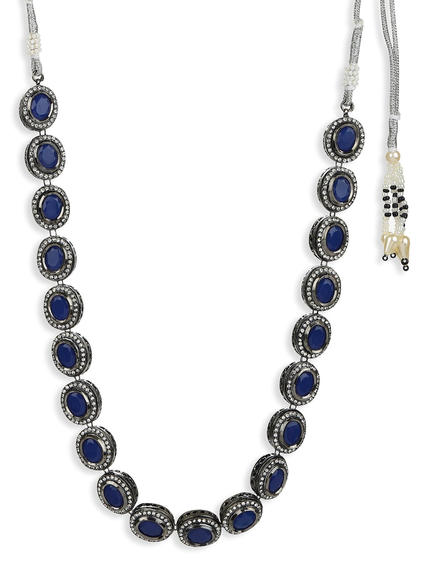 Oxidised Silver-Plated Blue White Kundan Studded Brass Choker Necklace - Ruby Raang