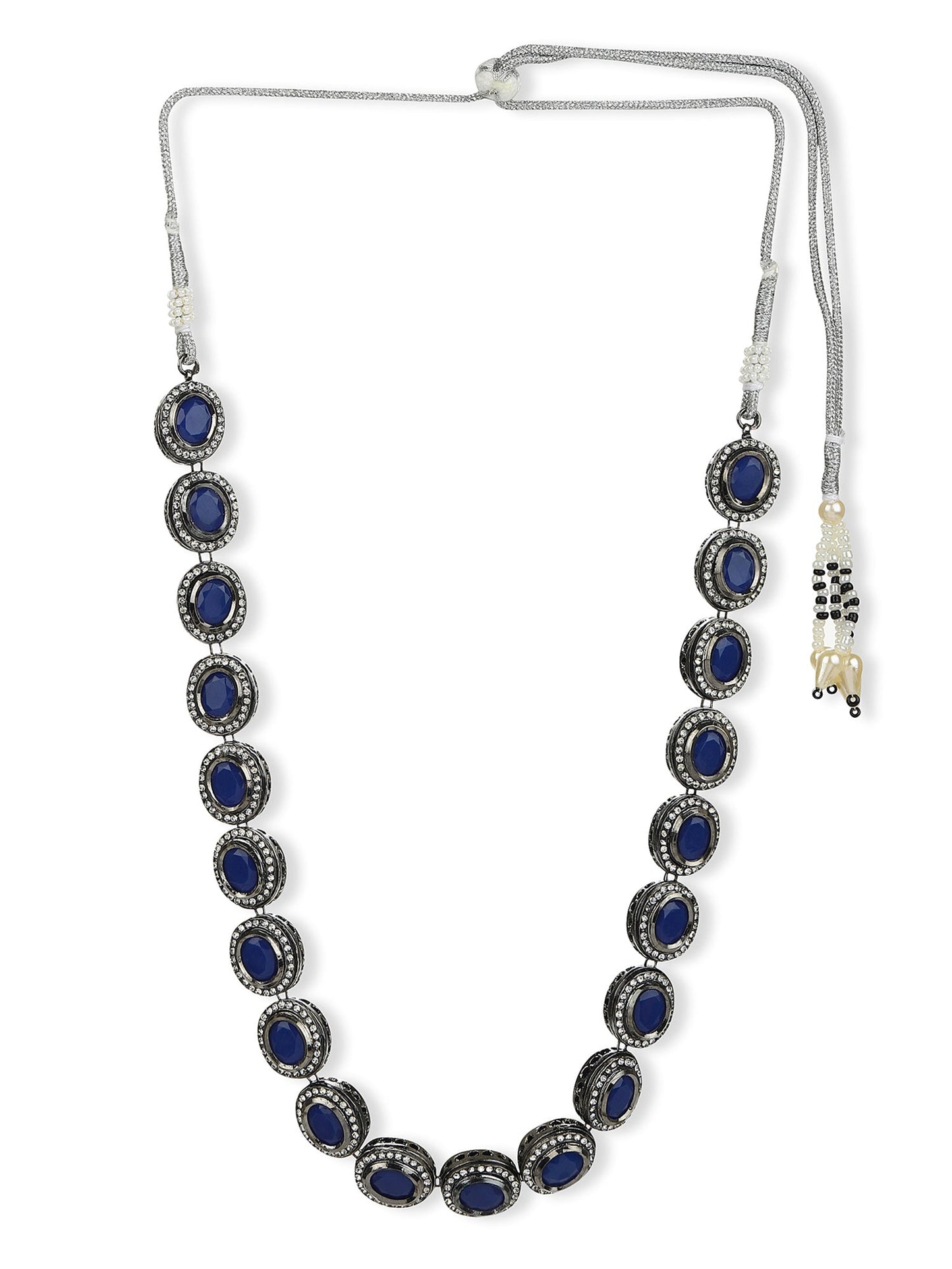 Oxidised Silver-Plated Blue White Kundan Studded Brass Choker Necklace - Ruby Raang