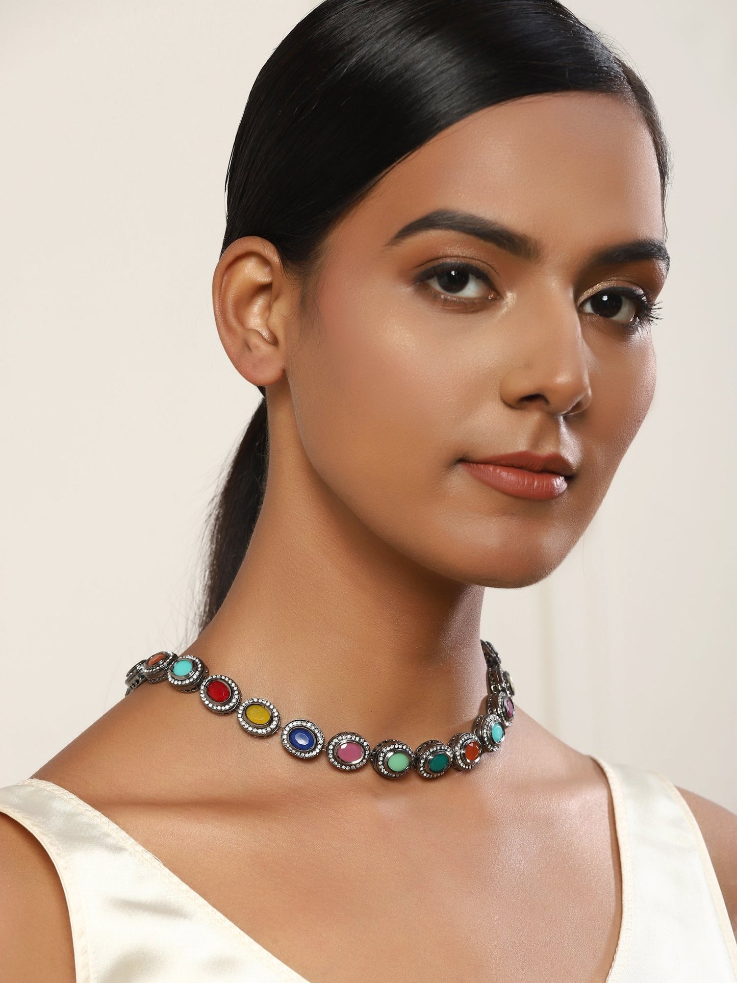Multicoloured Brass Silver-Plated Handcrafted Necklace - Ruby Raang