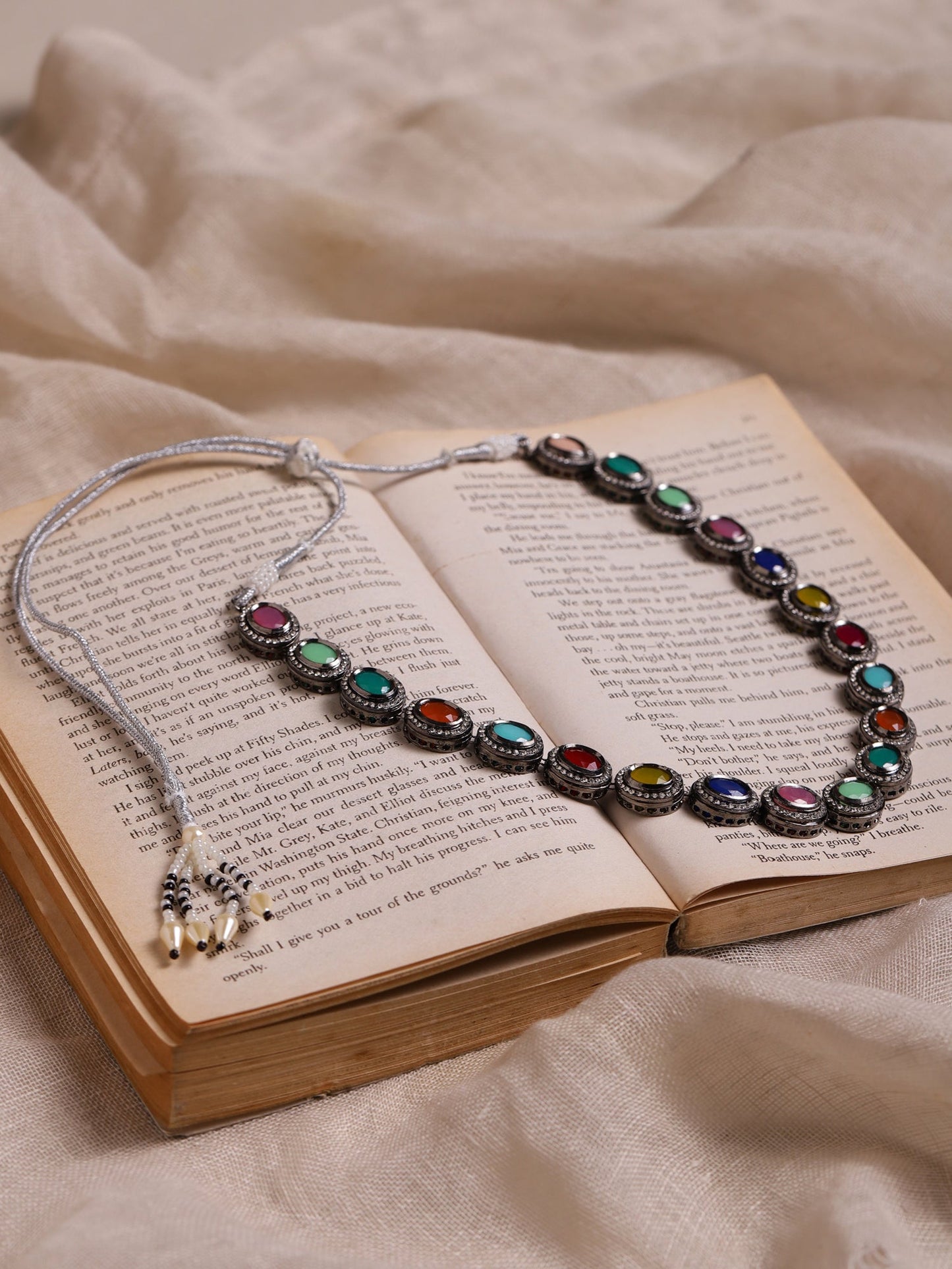 Multicoloured Brass Silver-Plated Handcrafted Necklace - Ruby Raang