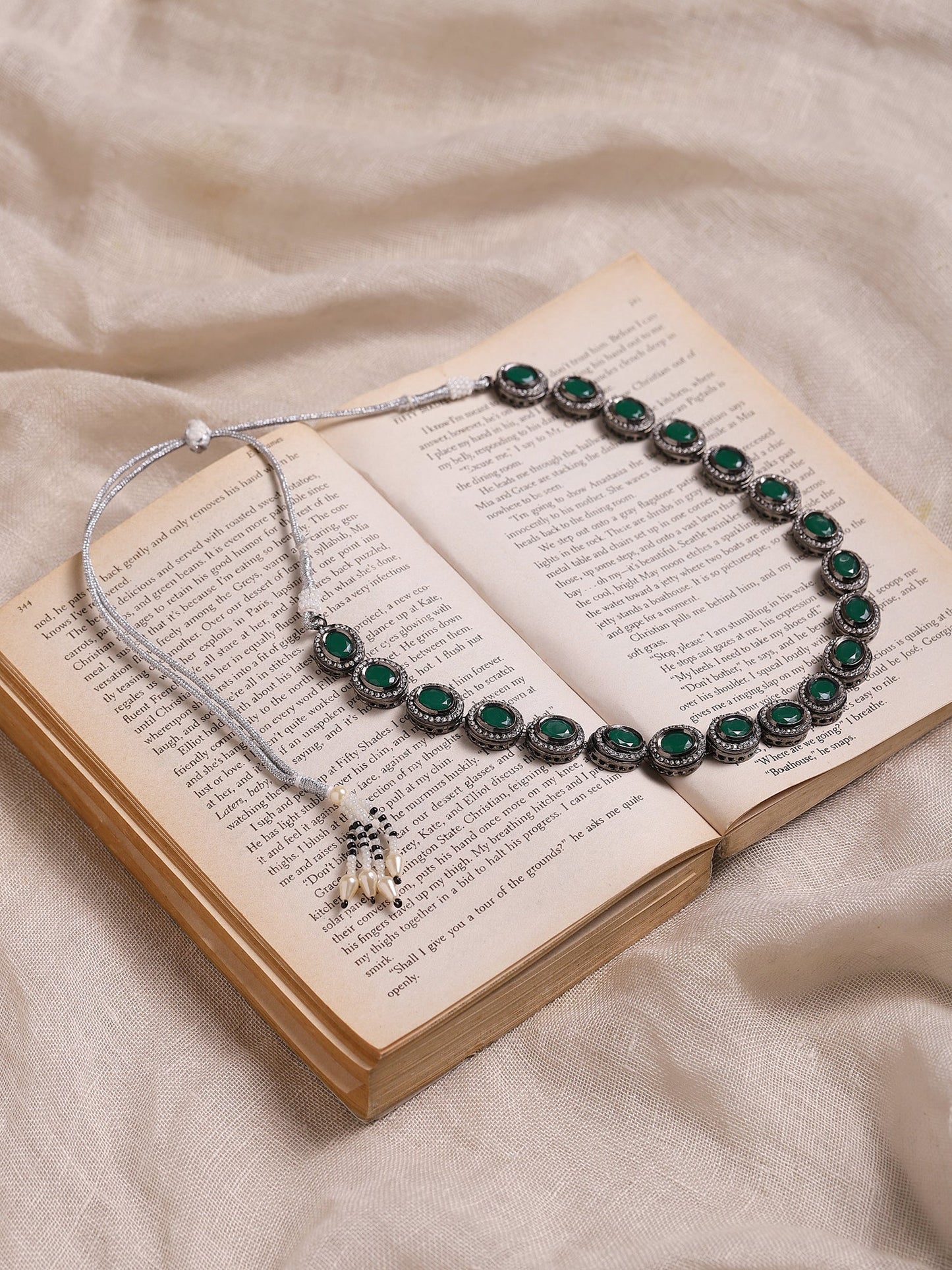 Green Silver-Toned Brass Silver-Plated Necklace - Ruby Raang