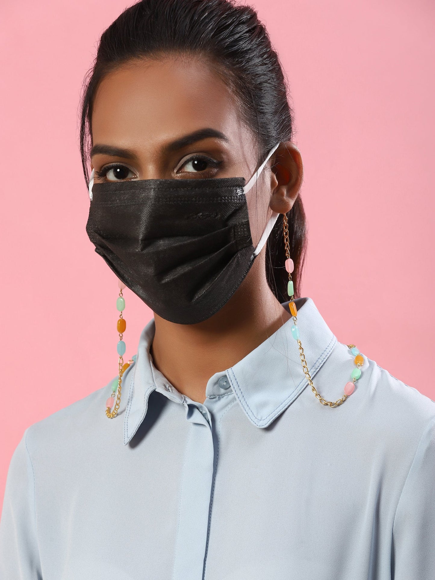 Gold-Polished Multicolored Beaded Mask Chain - Ruby Raang