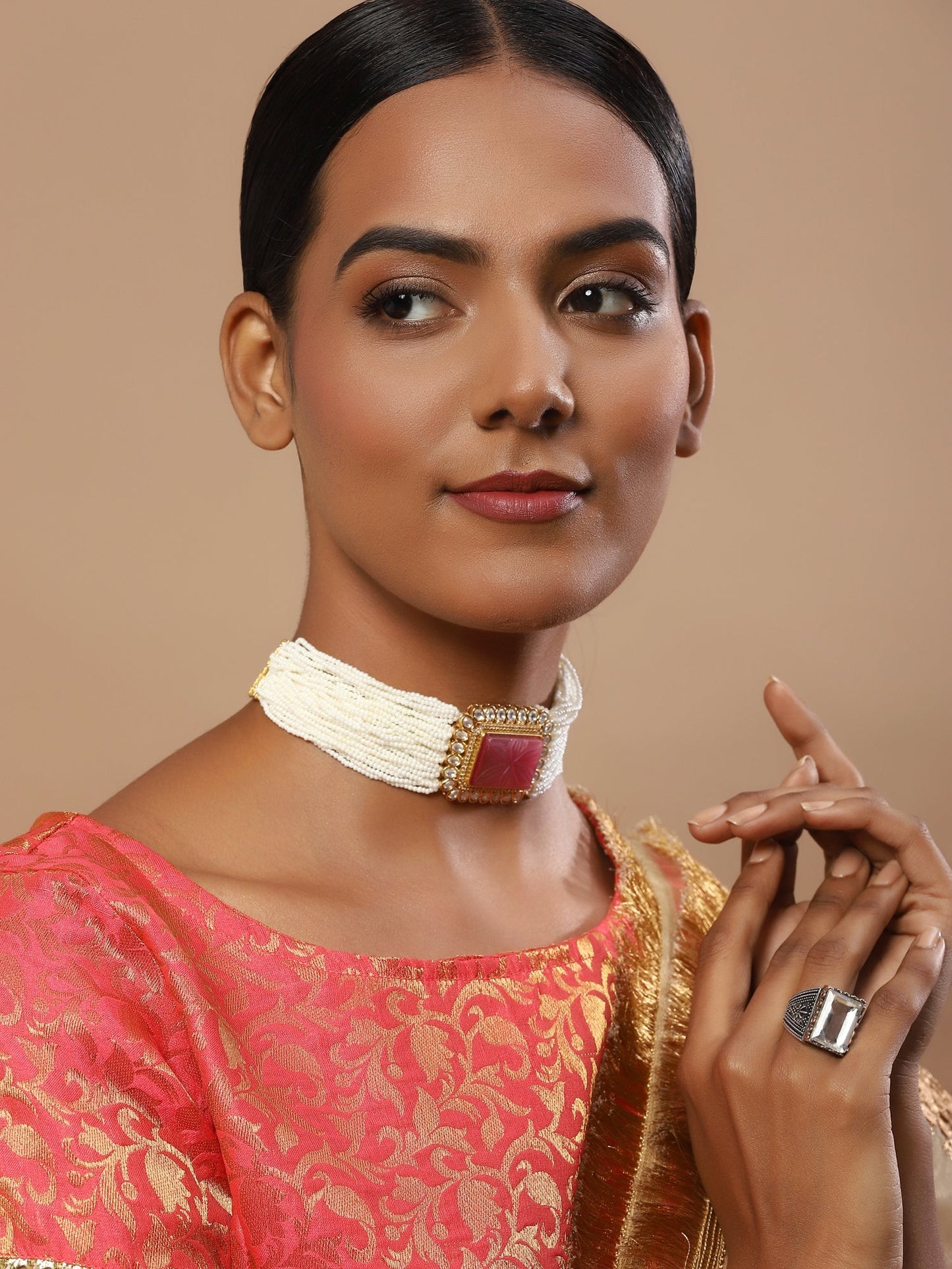 Gold-Polished White Pink Kundan Studded Beaded Brass Choker Necklace - Ruby Raang