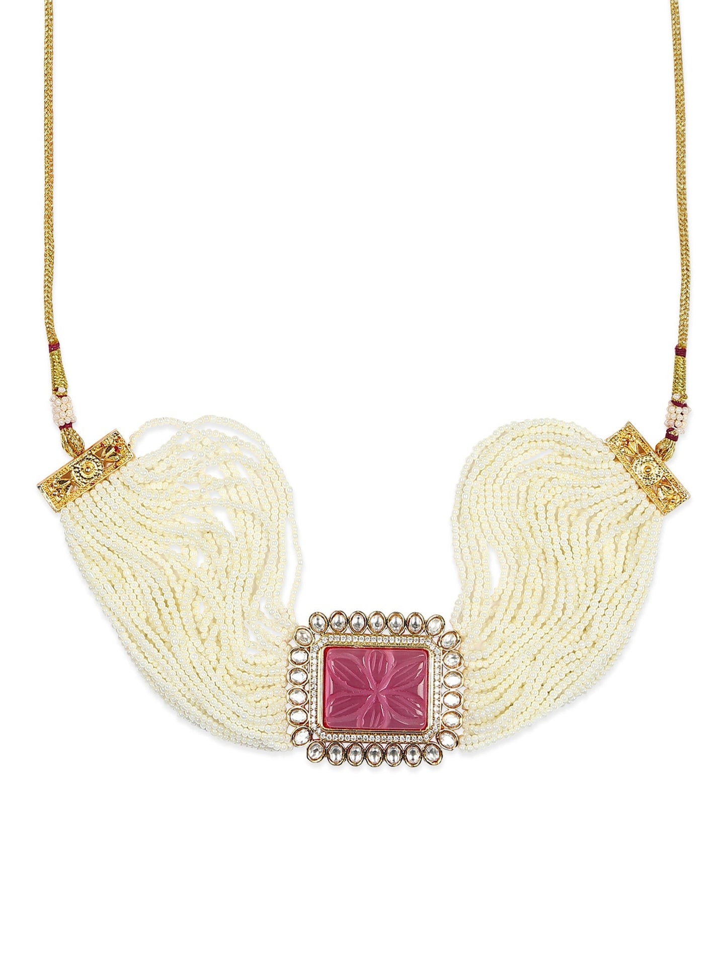 Gold-Polished White Pink Kundan Studded Beaded Brass Choker Necklace - Ruby Raang