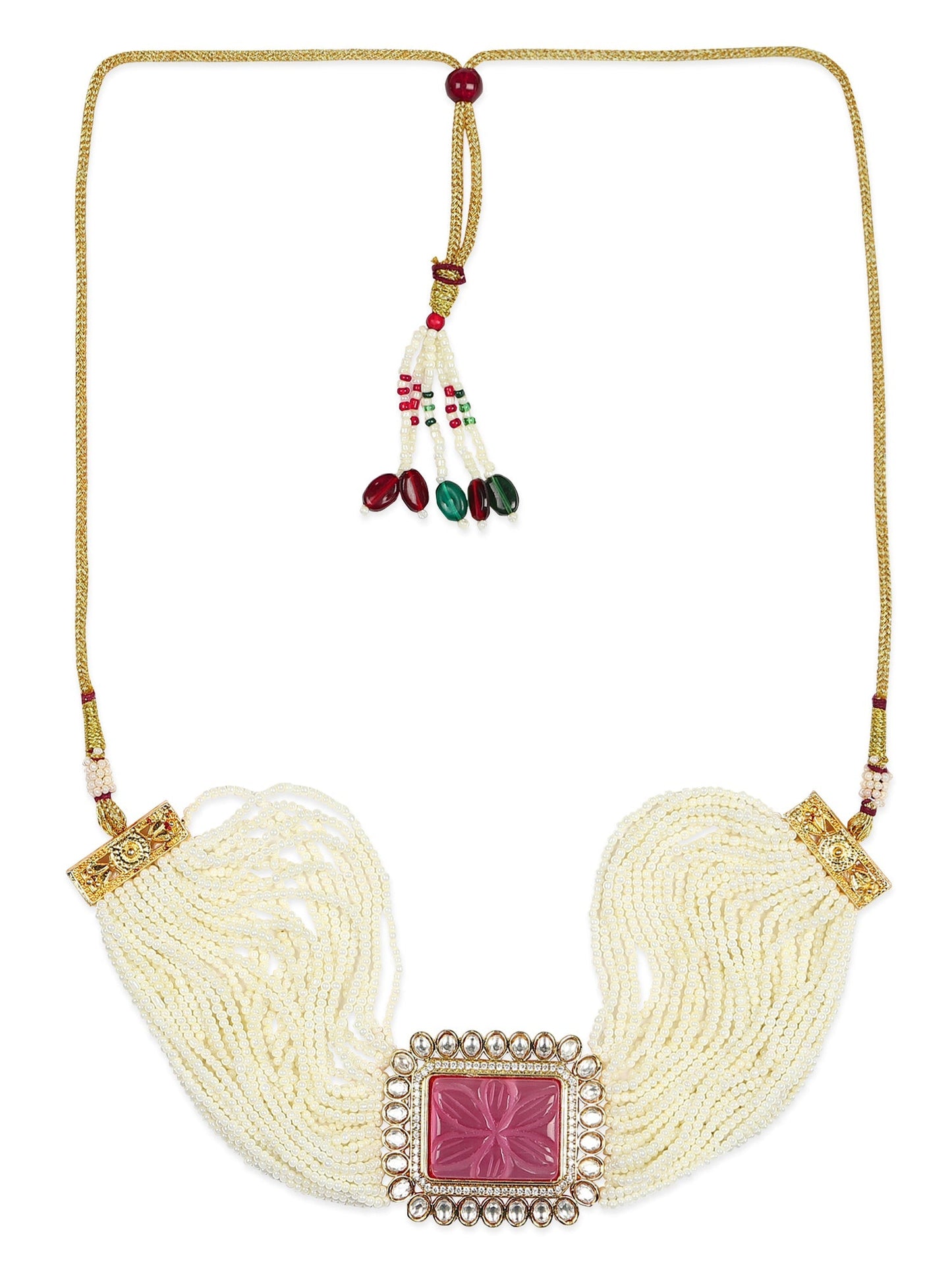 Gold-Polished White Pink Kundan Studded Beaded Brass Choker Necklace - Ruby Raang
