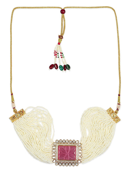 Gold-Polished White Pink Kundan Studded Beaded Brass Choker Necklace - Ruby Raang