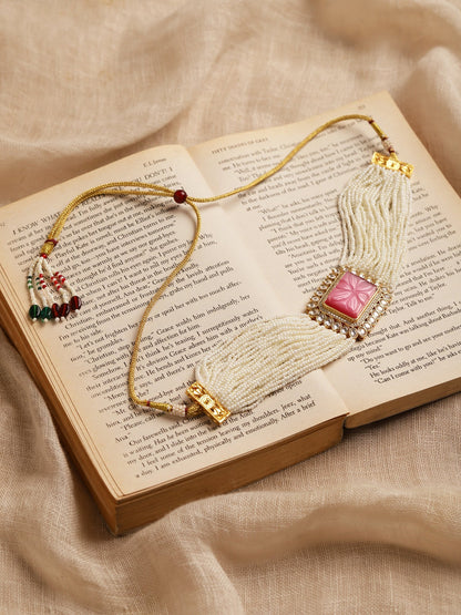 Gold-Polished White Pink Kundan Studded Beaded Brass Choker Necklace - Ruby Raang