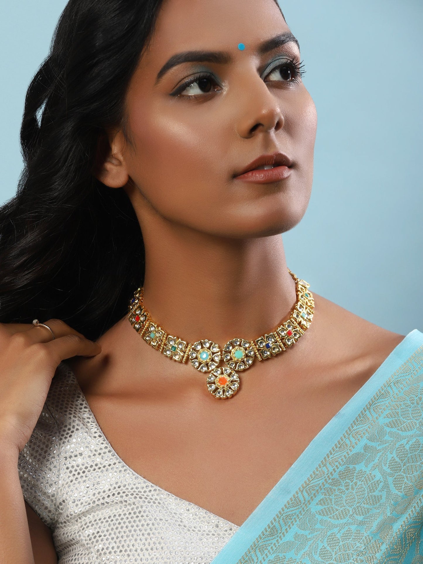Gold-Polished White Studded Necklace - Ruby Raang