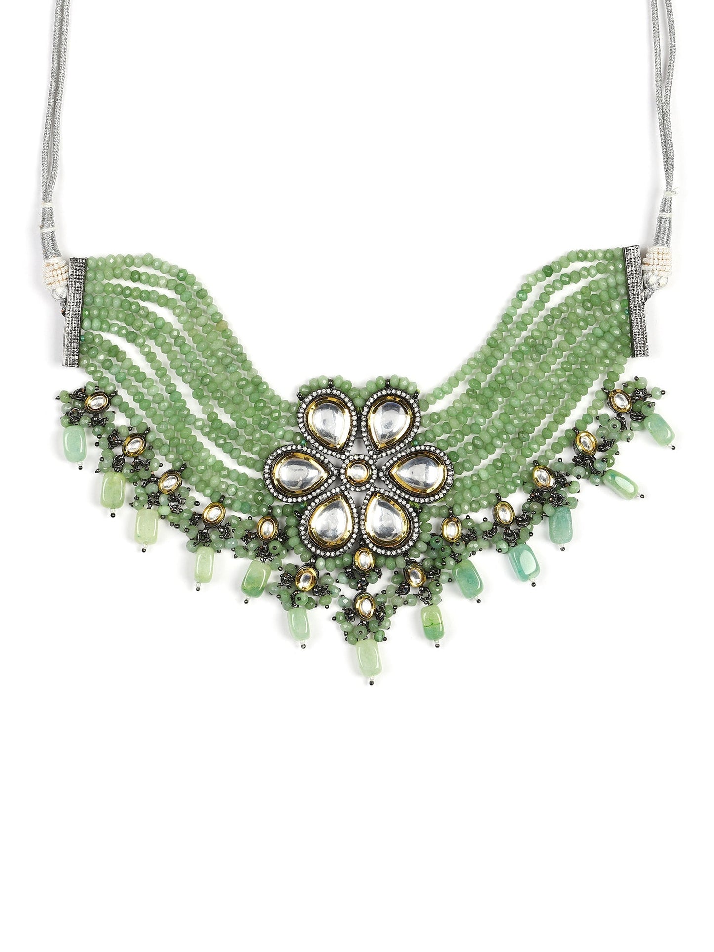 Silver-Plated Green Kundan Brass Necklace - Ruby Raang
