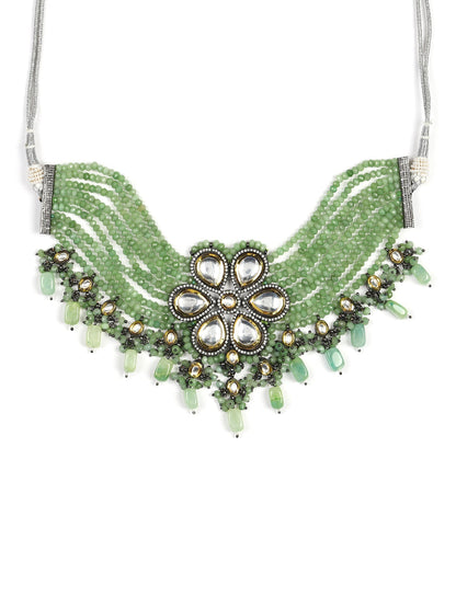 Silver-Plated Green Kundan Brass Necklace - Ruby Raang