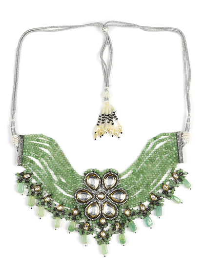 Silver-Plated Green Kundan Brass Necklace - Ruby Raang