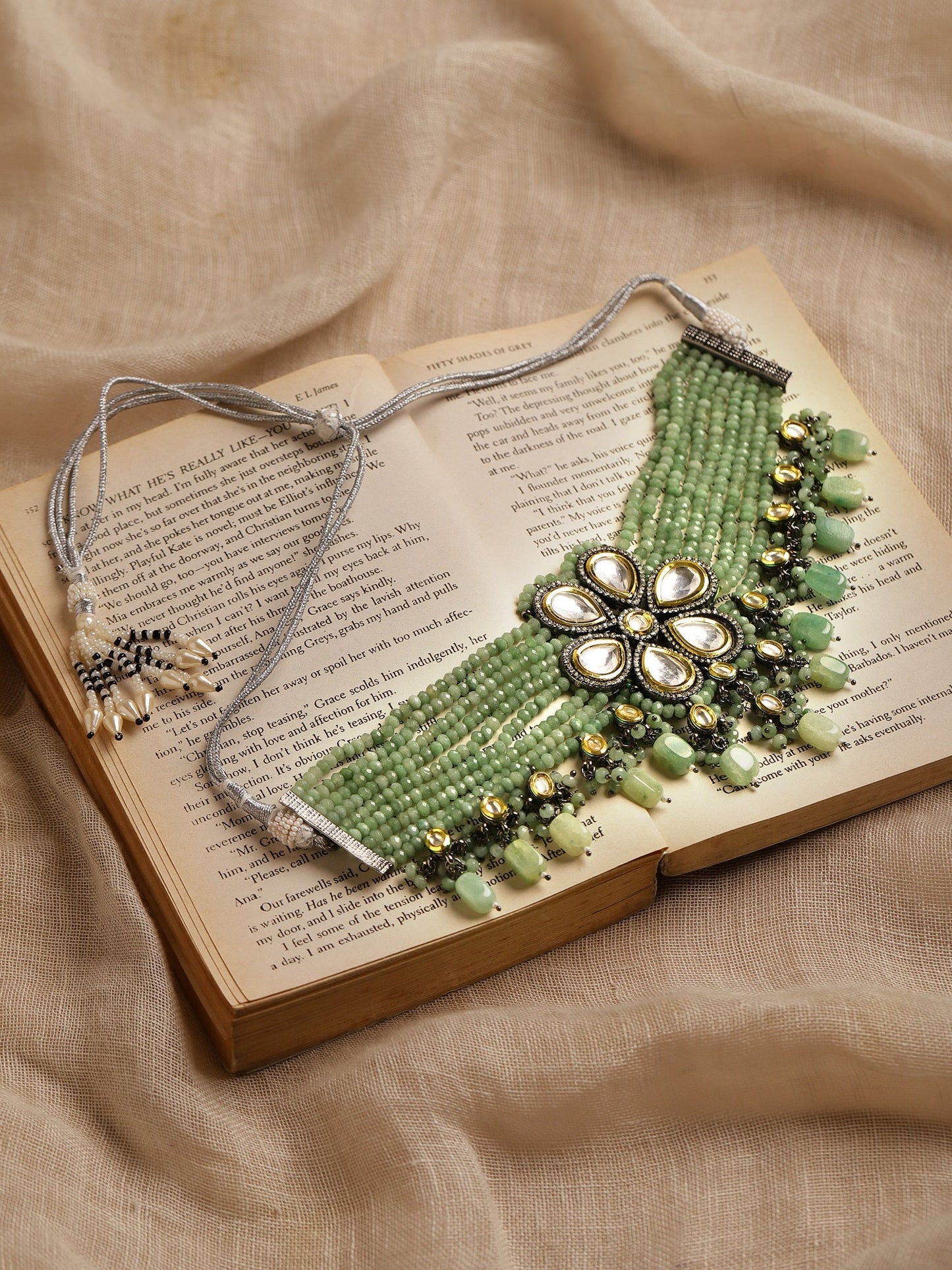 Silver-Plated Green Kundan Brass Necklace - Ruby Raang
