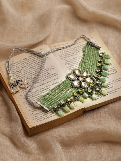 Silver-Plated Green Kundan Brass Necklace - Ruby Raang