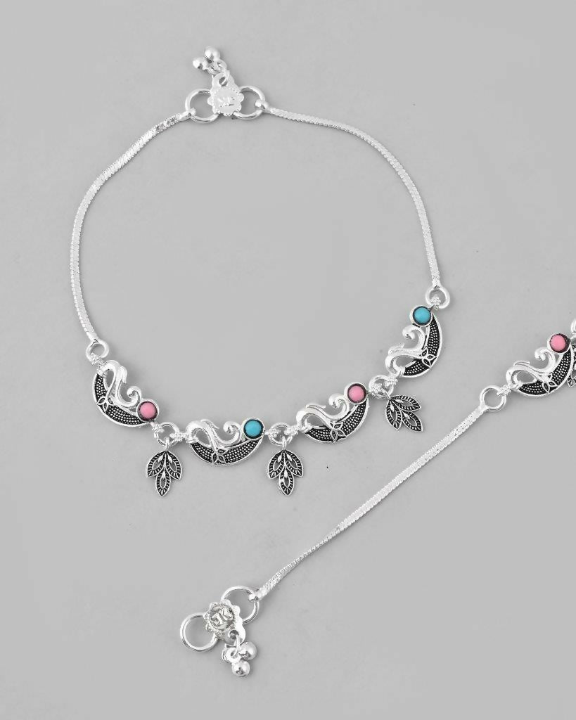 VOJ Set of 2 Silver Plated Stainless Steel Multi Color Anklet