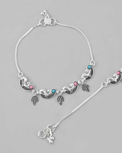 VOJ Set of 2 Silver Plated Stainless Steel Multi Color Anklet