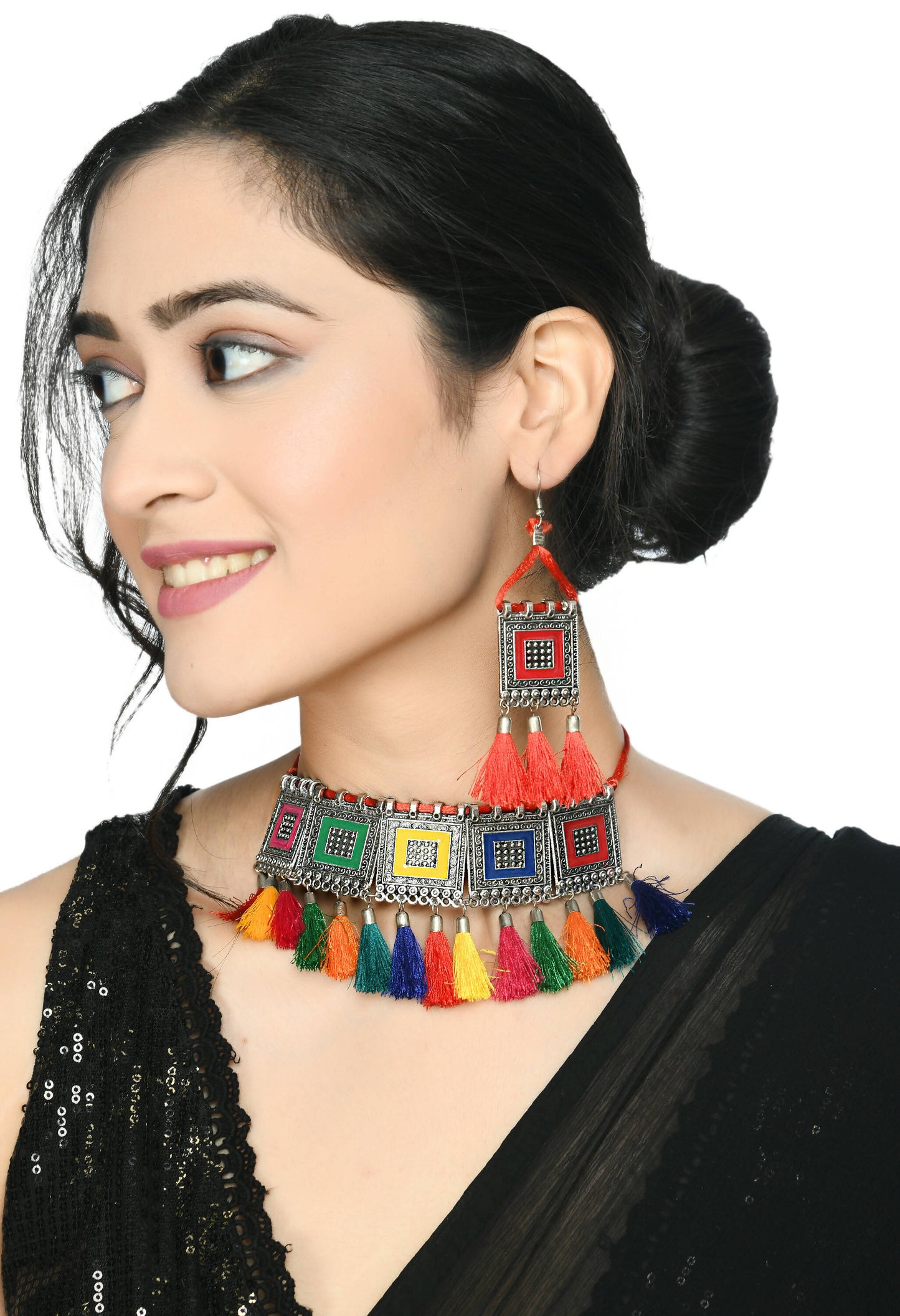Mominos Fashion Johar Kamal Oxidised Silver-Plated Brass Finish Tassel Work Handicraft Choker For Women (Multi)