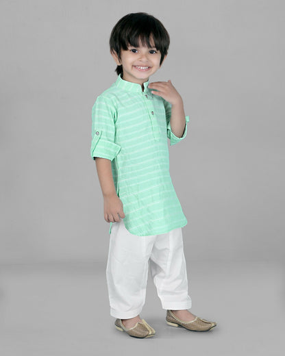Joban Fashion Kids Island Cotton Full Sleeves Striped Kurta and Pyjama- Sea Green
