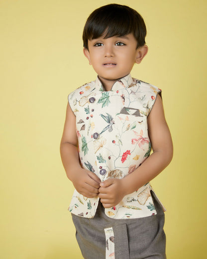 Joban Fashion Kids Island Cotton Sleeveless printed Kurta and Solid Dhoti - Cream
