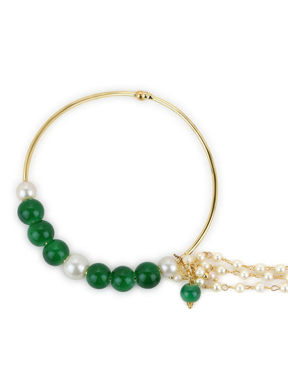 Gold-Polished White Green Stone-Studded Pearl Beaded Nosepin - Ruby Raang