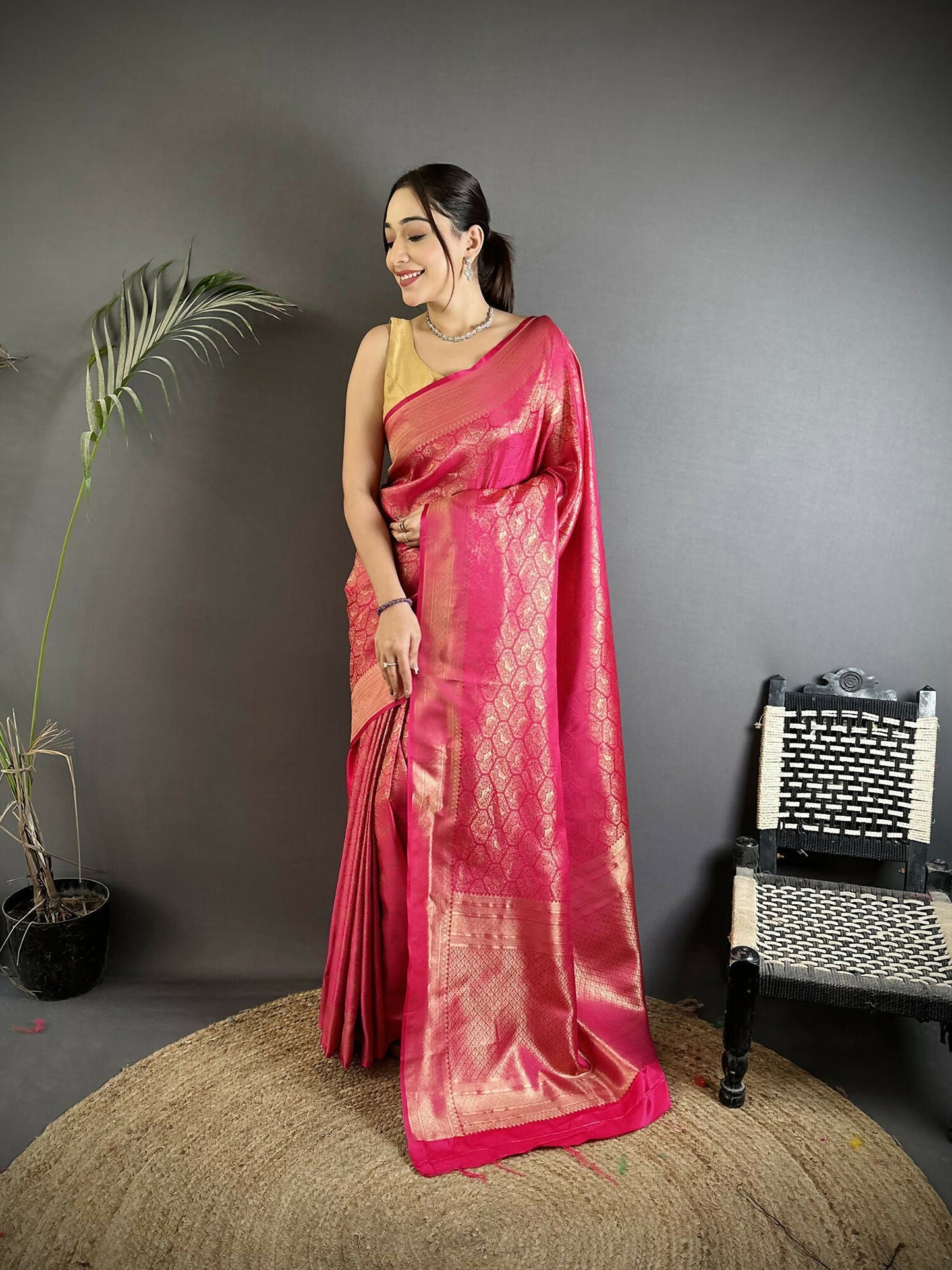 Joban Fashion Rani Pink Paisley & Floral Soft Satin Silk Banarasi Silk Saree