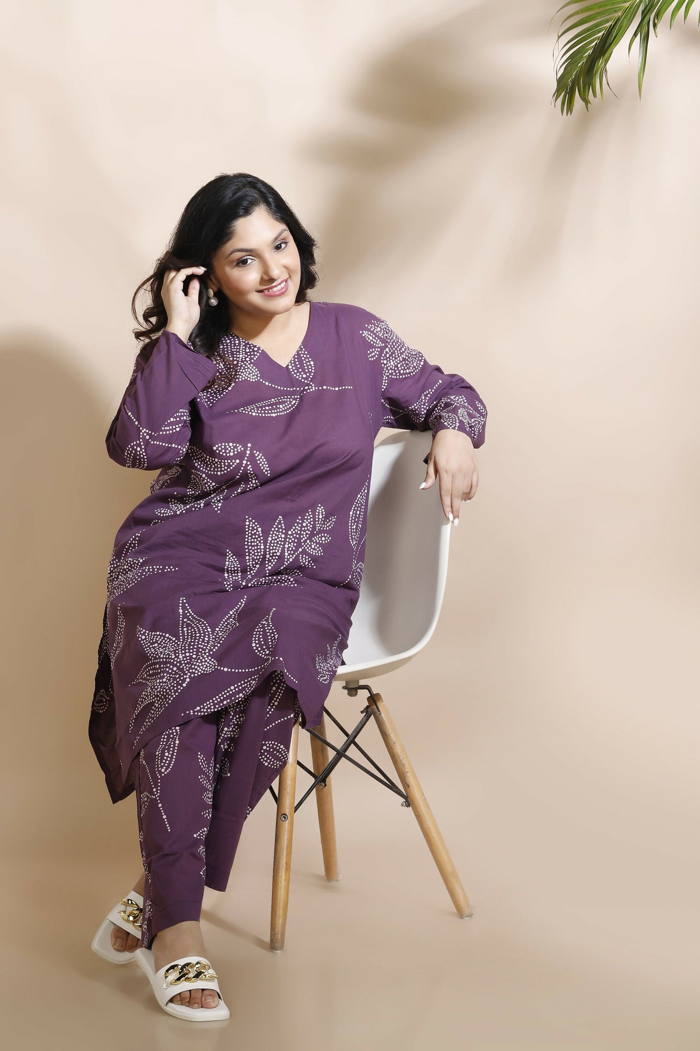 Breathables Women’S Purple Cotton Abstract Print Loungewear Co-Ord Set – Long Kurta & Pants
