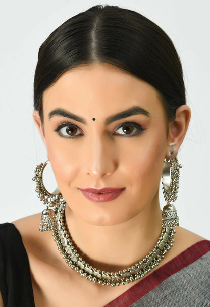 Mominos Fashion Johar Kamal Oxidised Silver-Plated Heart Design Necklace Choker Set For Women