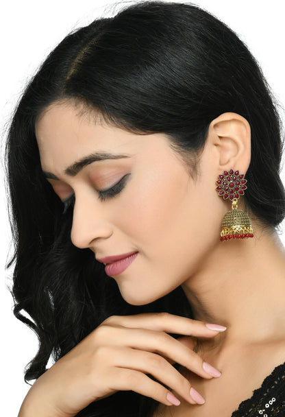 Mominos Fashion Joharkamal Kundan work Jhumka with Maroon Beads