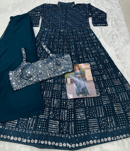 Aarshi Fashions Teal Green Heavy Georgette Full Stitched Indowestern Crop Top, palazzo & Shrug Set