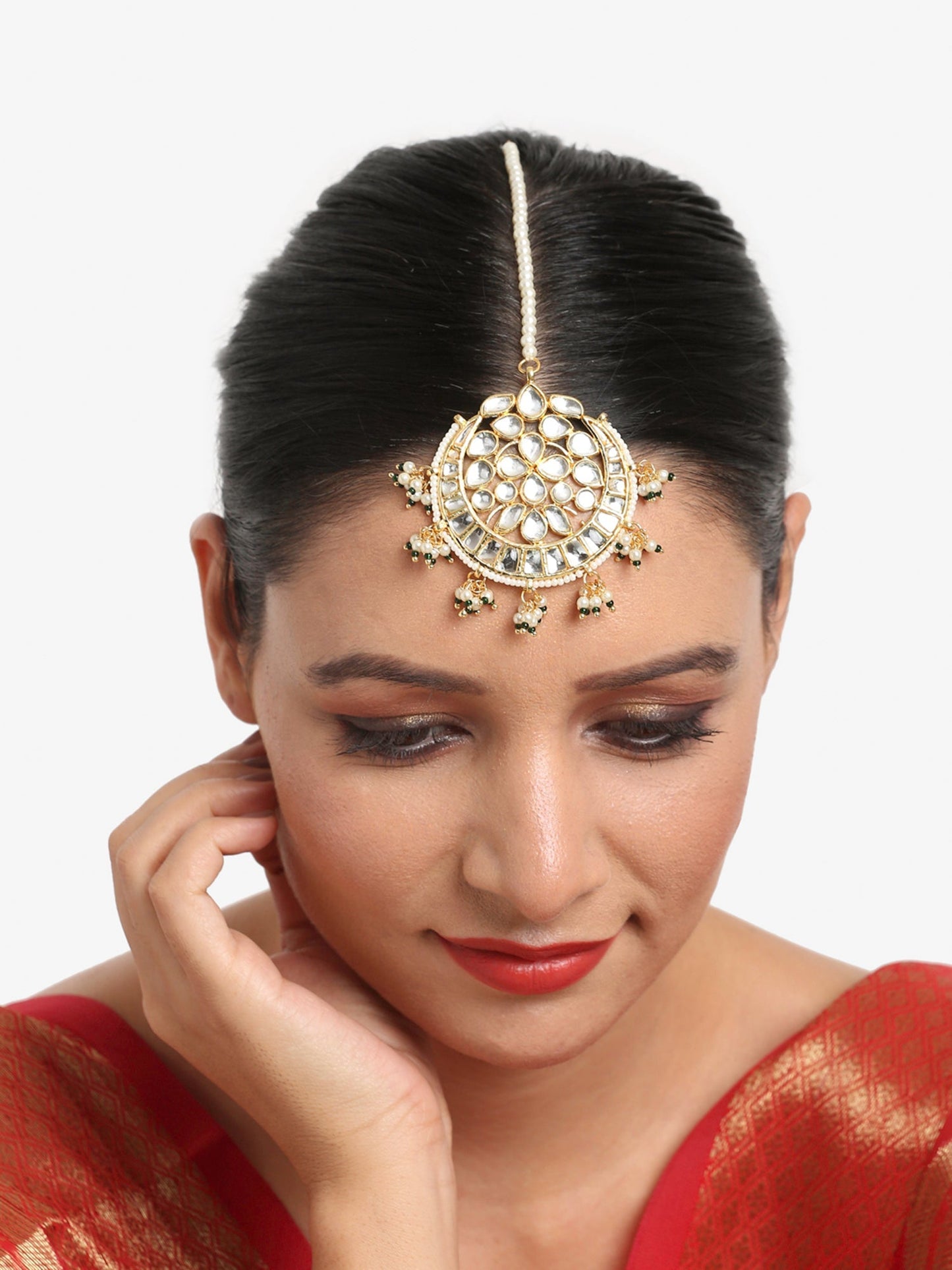 Gold Toned White Kundan Maang Tikka - Ruby Raang