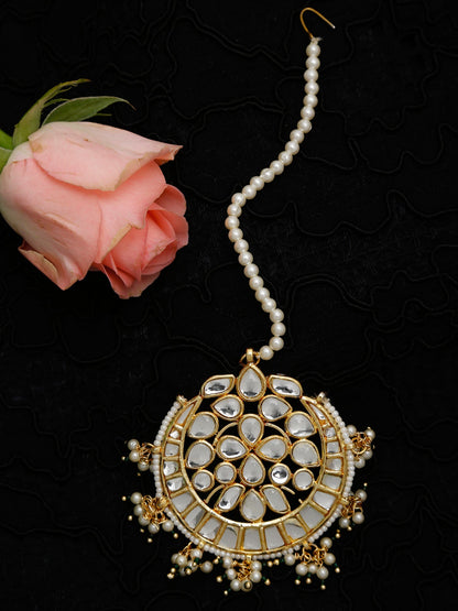 Gold Toned White Kundan Maang Tikka - Ruby Raang
