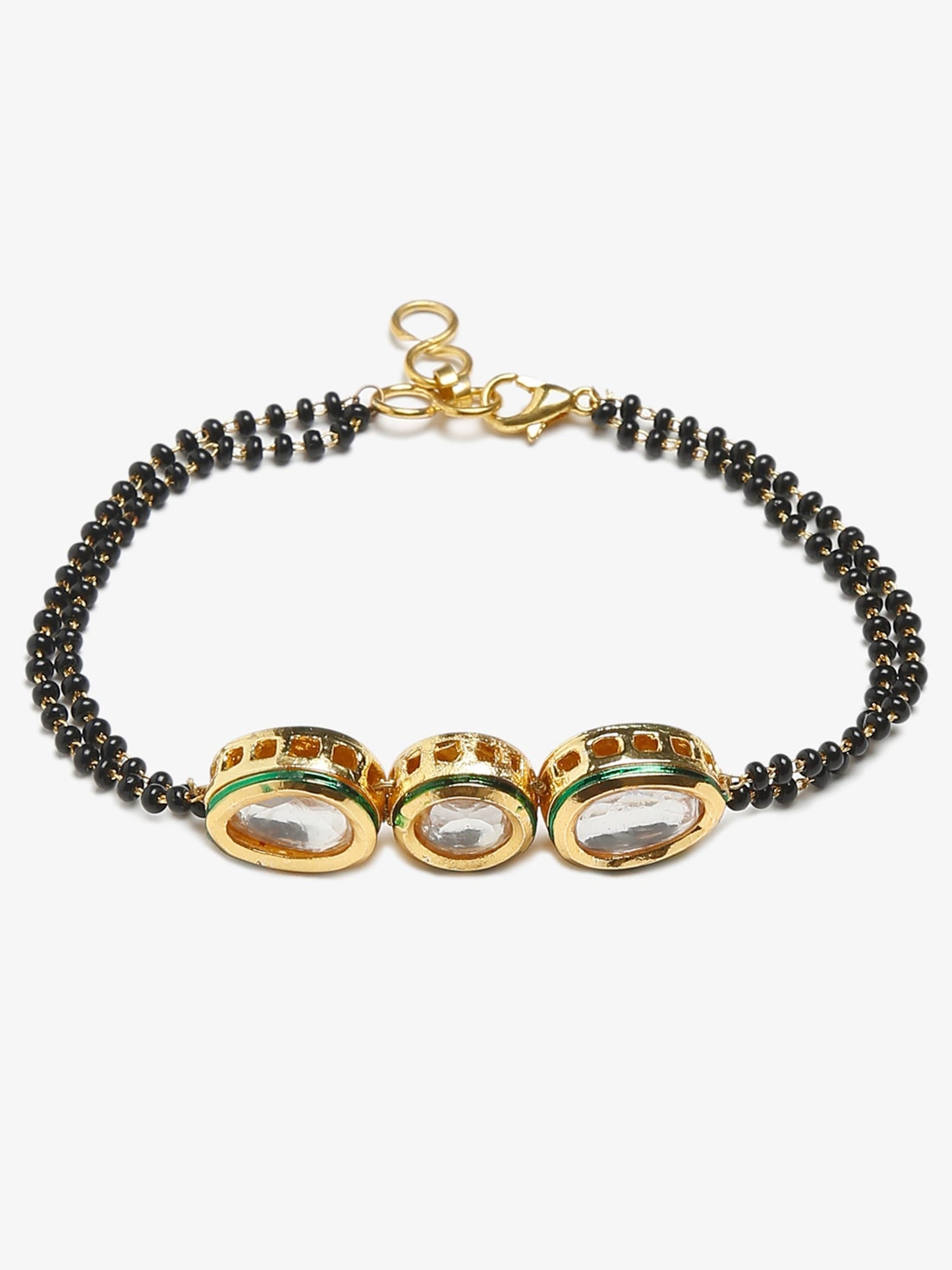 Women's Gold-Polished Black Beaded Kundan Mangalsutra Bracelet - Ruby Raang