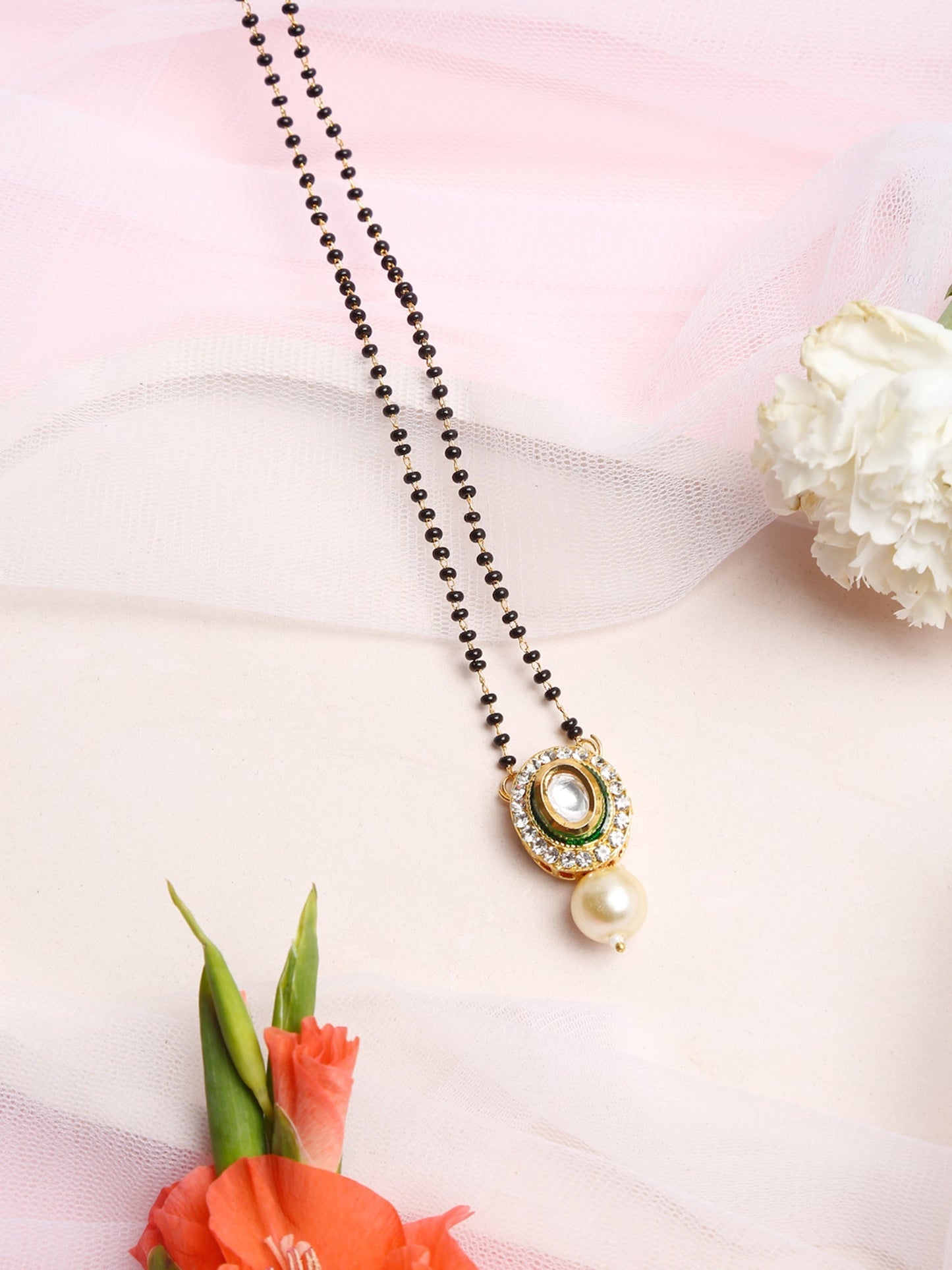 Gold-Polished Black Beaded White Kundan Studded Mangalsutra - Ruby Raang