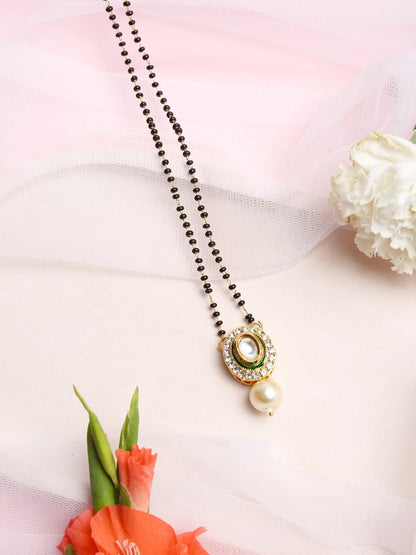 Gold-Polished Black Beaded White Kundan Studded Mangalsutra - Ruby Raang