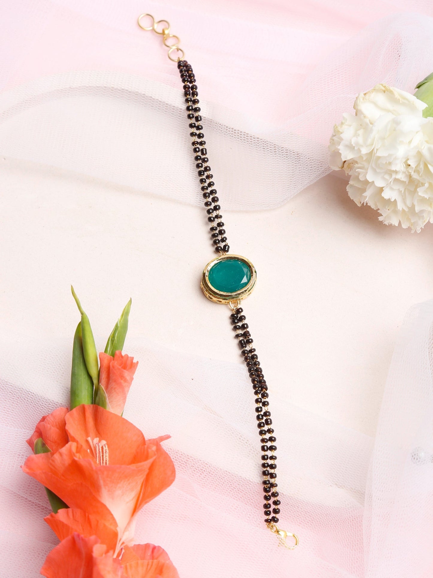 Black Gold-Polished Kundan Mangalsutra Bracelet - Ruby Raang