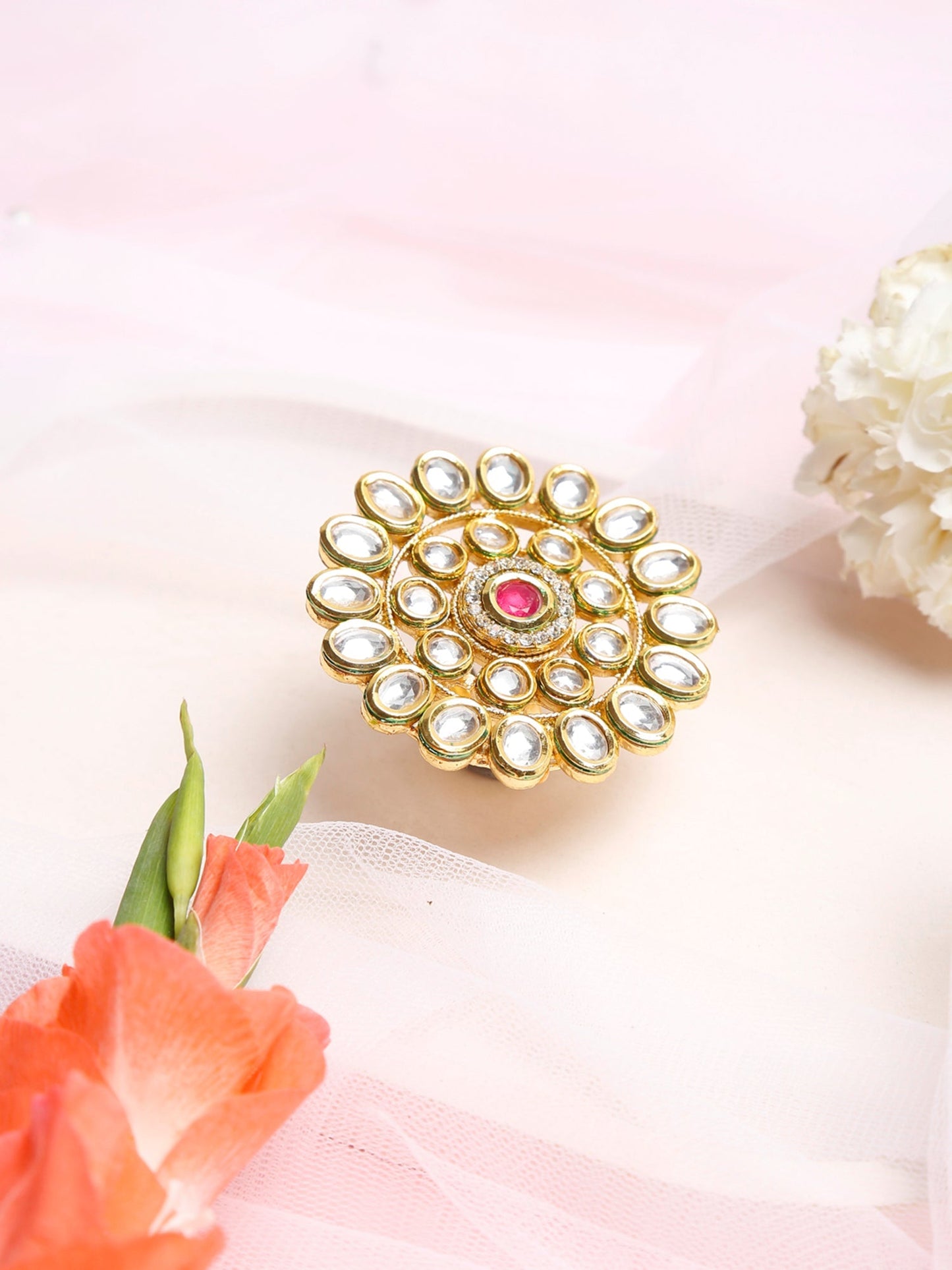 Women's Gold-Polished White Red Kundan-Studded Handcrafted Finger Ring - Ruby Raang