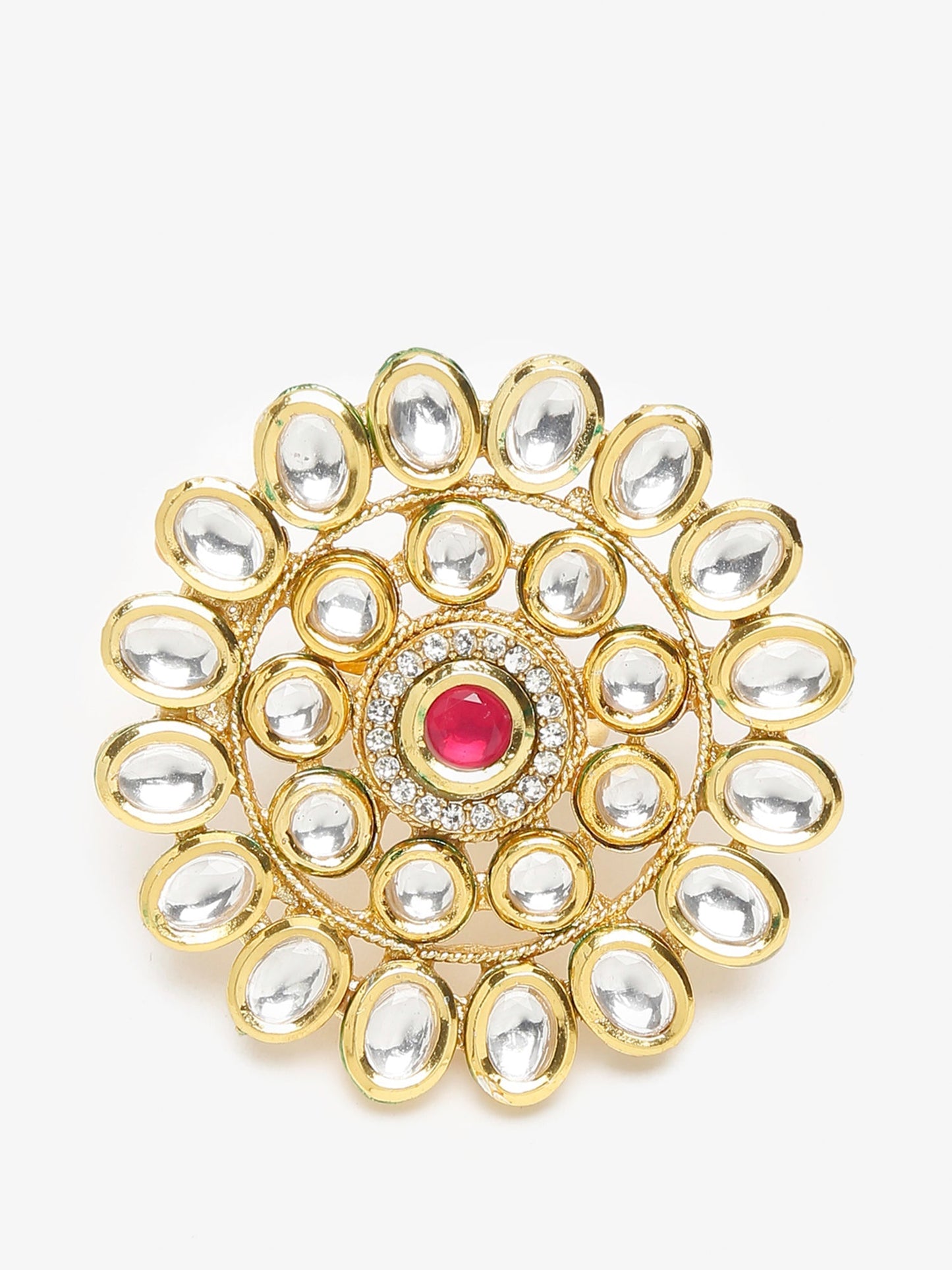 Women's Gold-Polished White Red Kundan-Studded Handcrafted Finger Ring - Ruby Raang