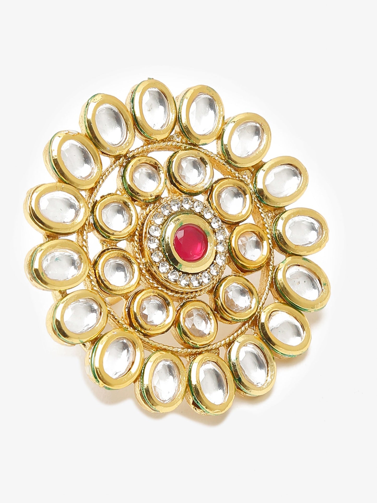 Women's Gold-Polished White Red Kundan-Studded Handcrafted Finger Ring - Ruby Raang