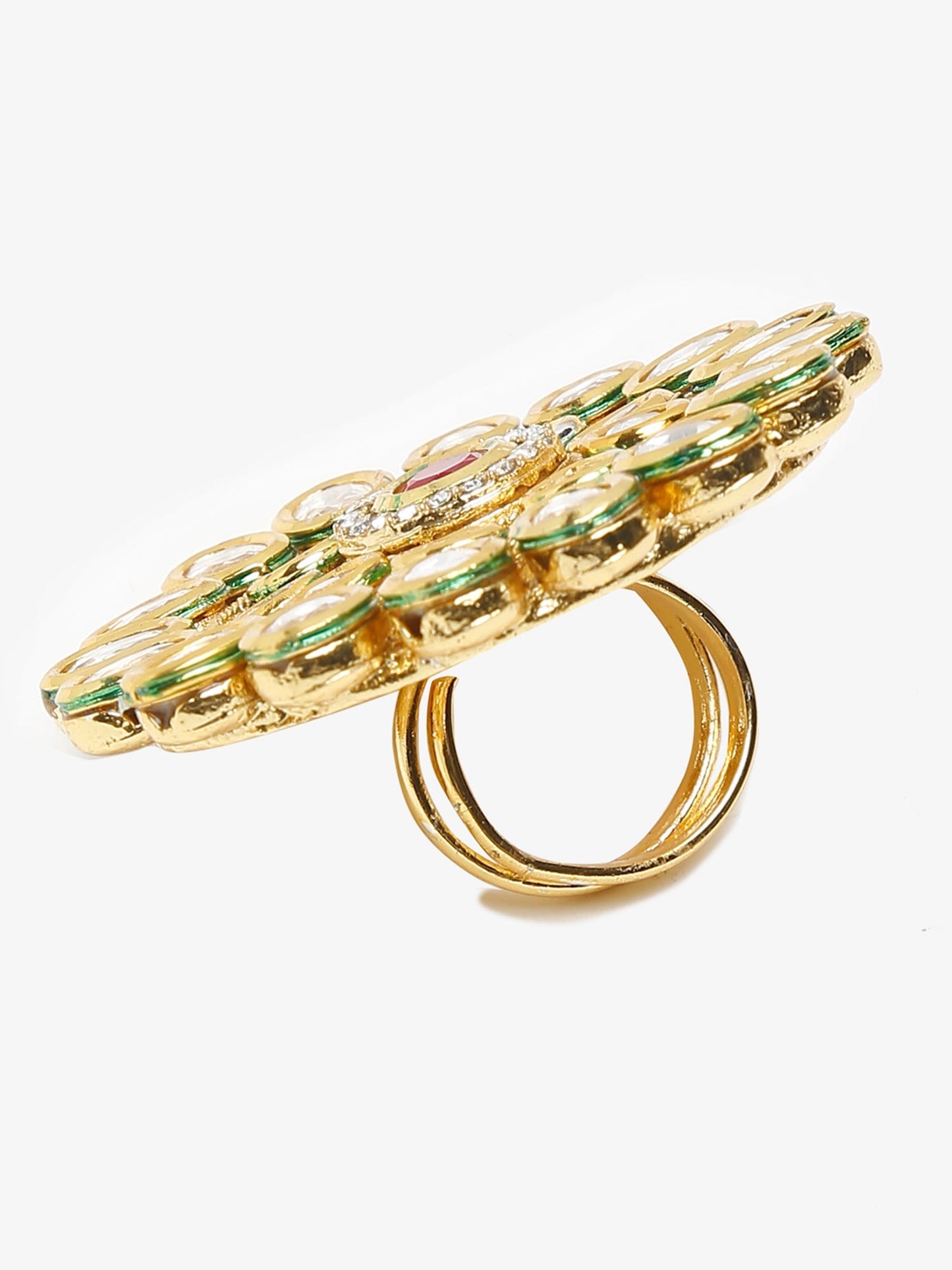 Women's Gold-Polished White Red Kundan-Studded Handcrafted Finger Ring - Ruby Raang