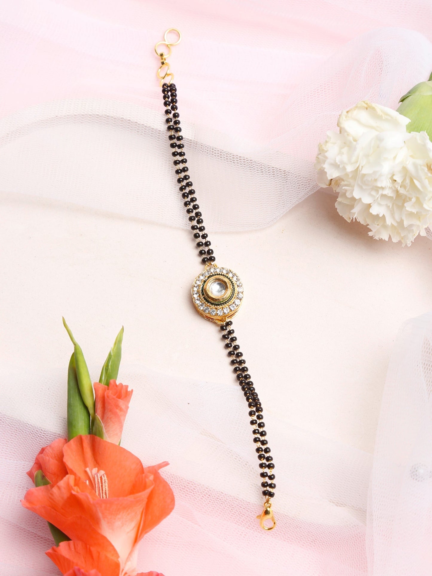 Women's Black Gold-Polished Kundan Mangalsutra Bracelet - Ruby Raang