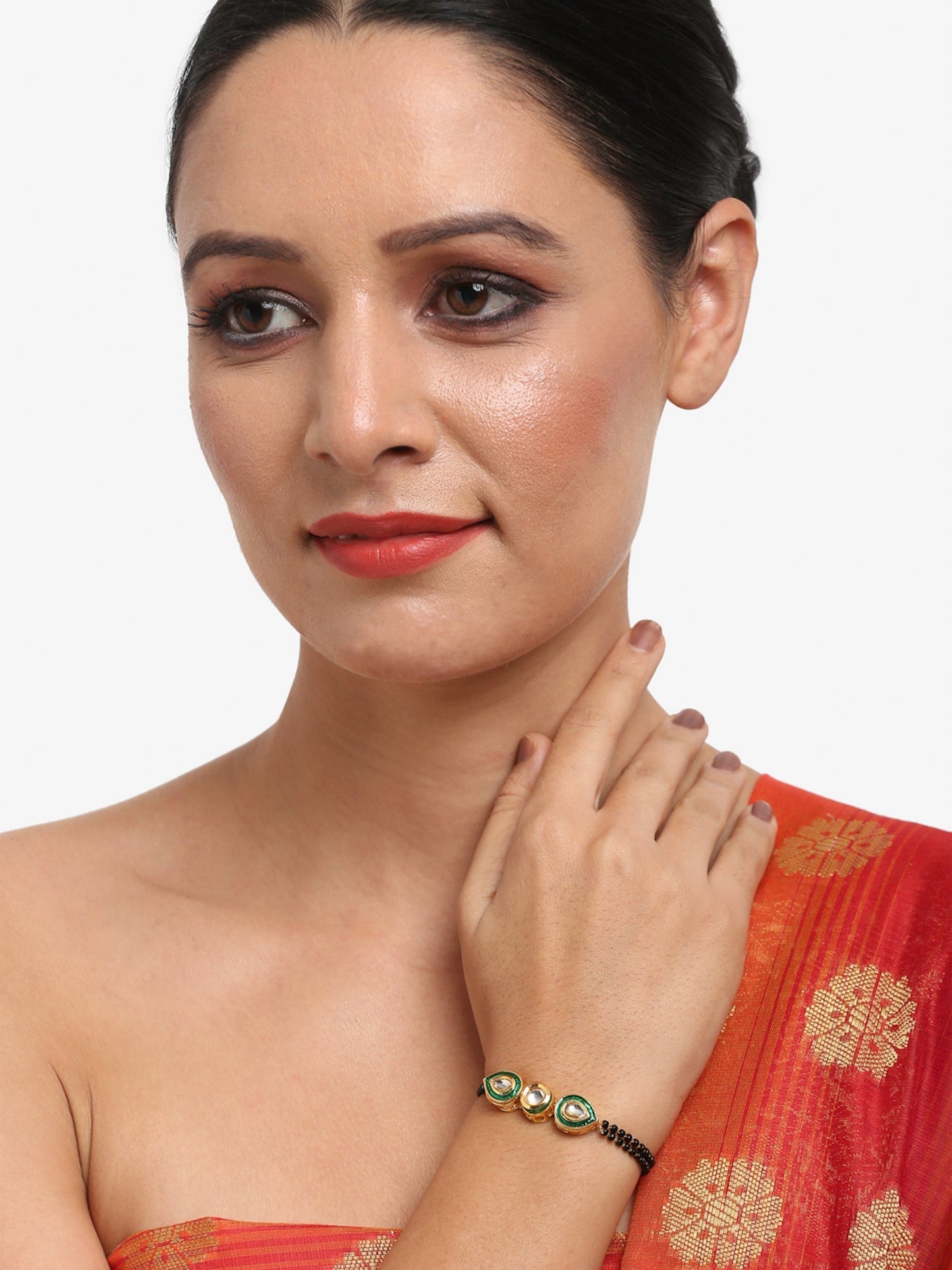 Black Gold-Polished Kundan Bracelet Mangalsutra - Ruby Raang