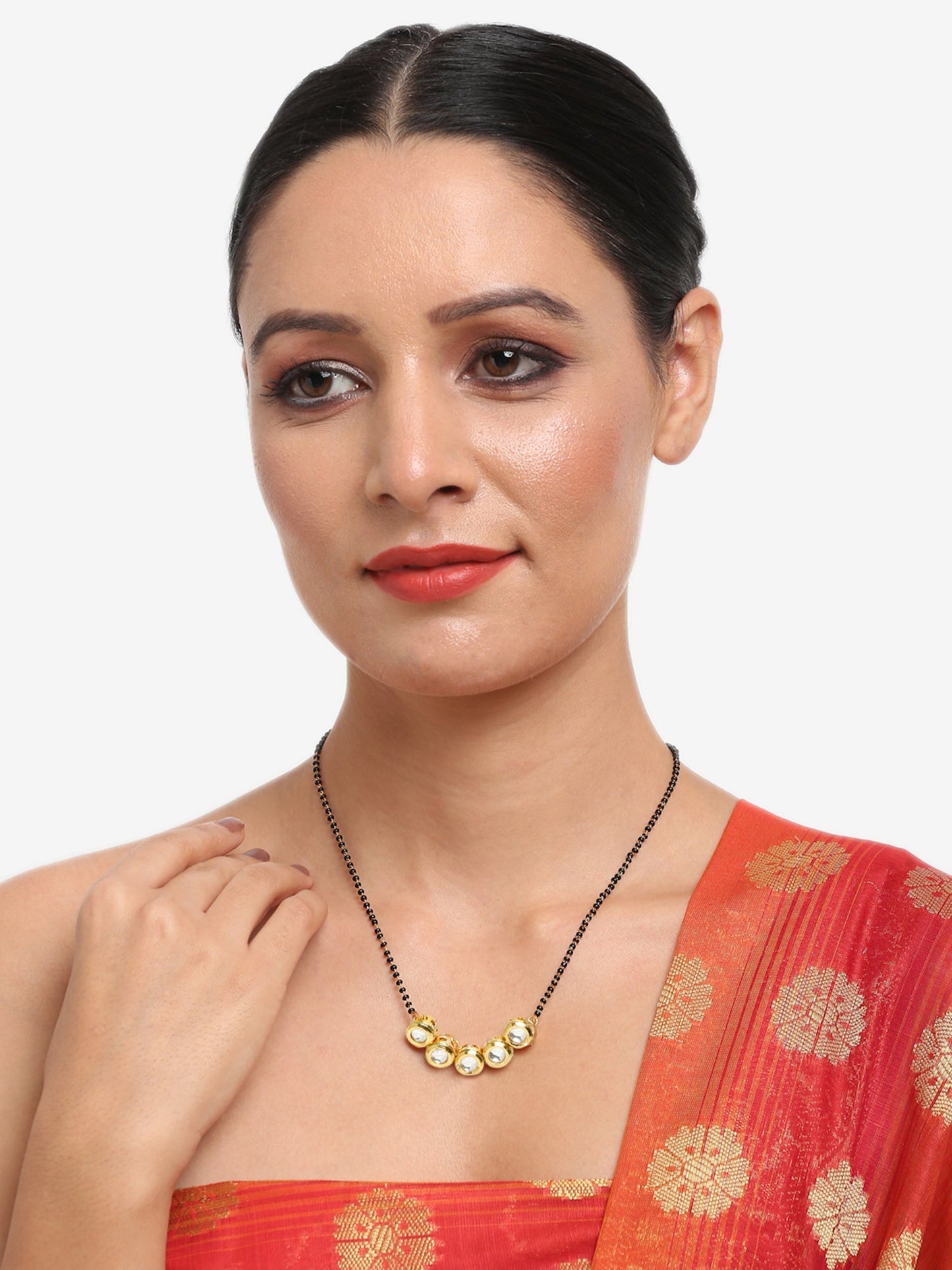 Black Gold-Polished Beaded White Kundan Studded Mangalsutra - Ruby Raang