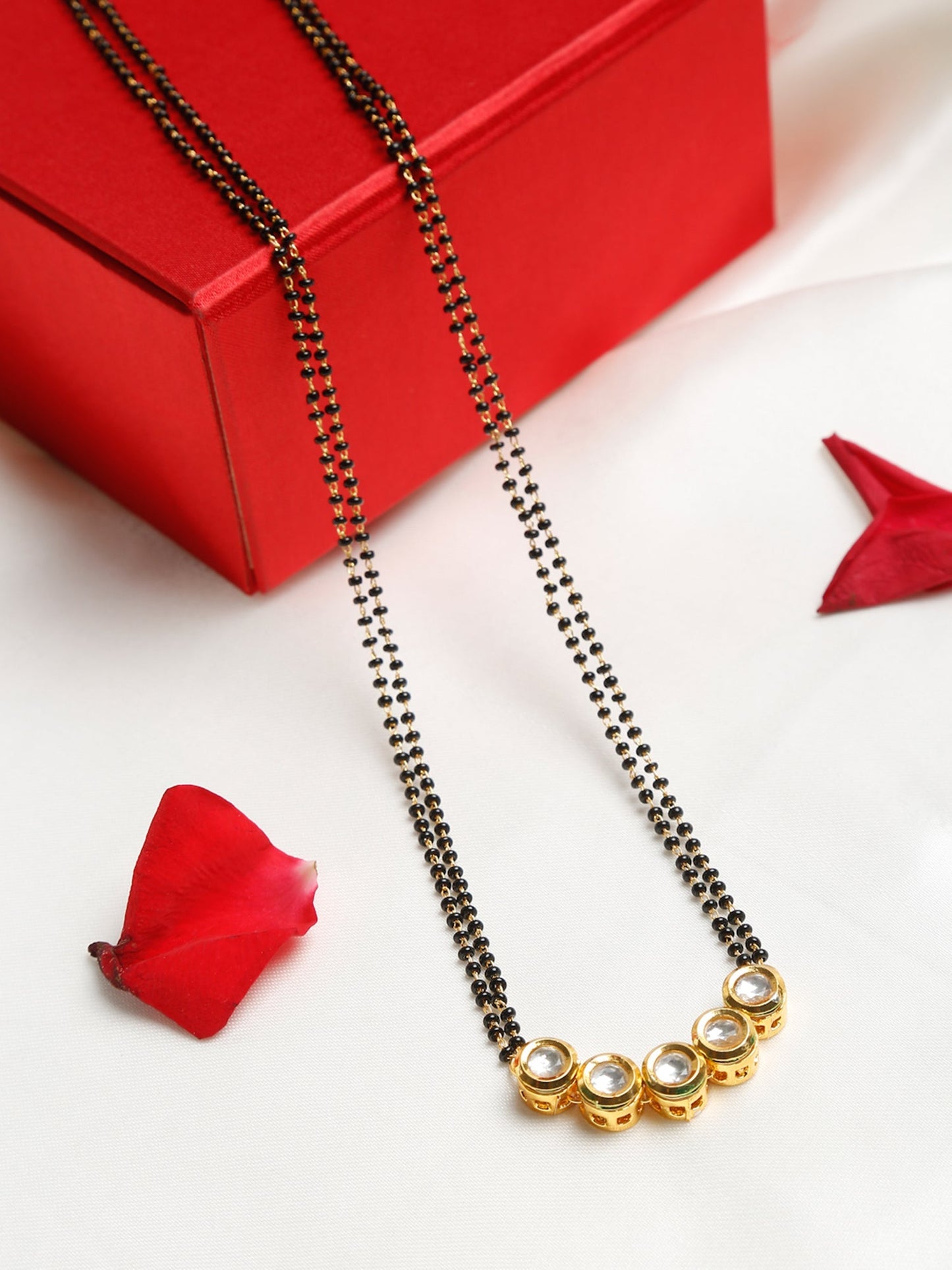 Black Gold-Polished Beaded White Kundan Studded Mangalsutra - Ruby Raang