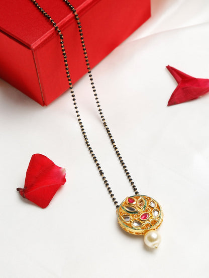 Gold-Polished Black Beaded White Kundan Studded Mangalsutra - Ruby Raang