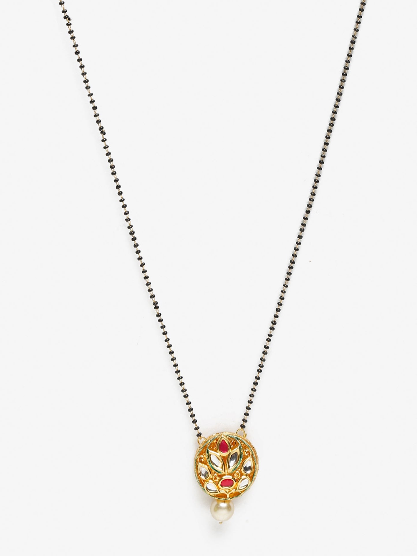 Gold-Polished Black Beaded White Kundan Studded Mangalsutra - Ruby Raang