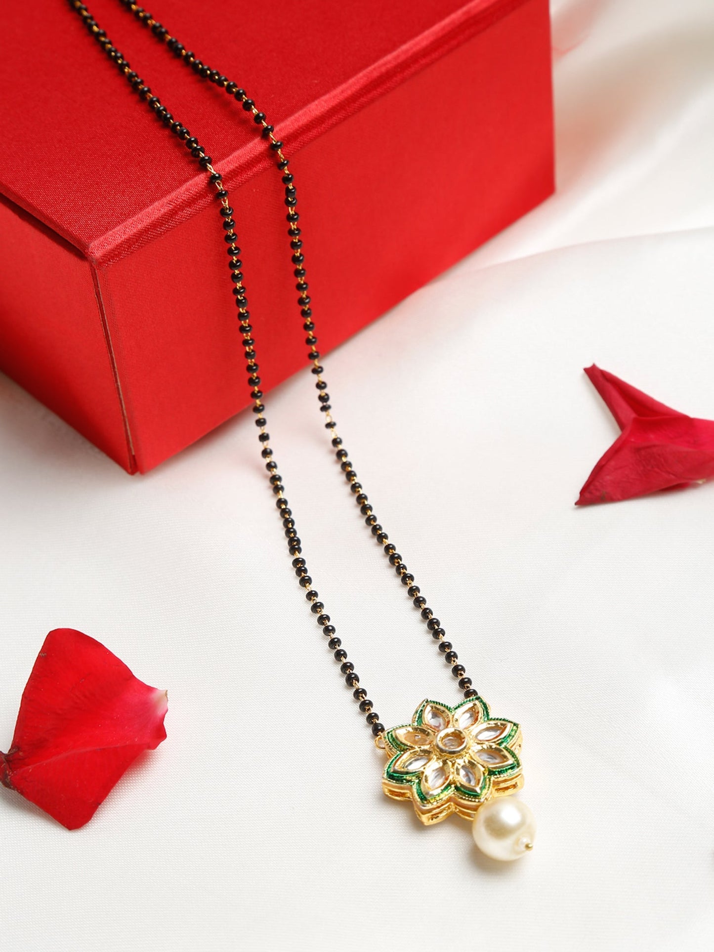 Gold-Polished Black Beaded White Kundan Studded Handcrafted Mangalsutra - Ruby Raang