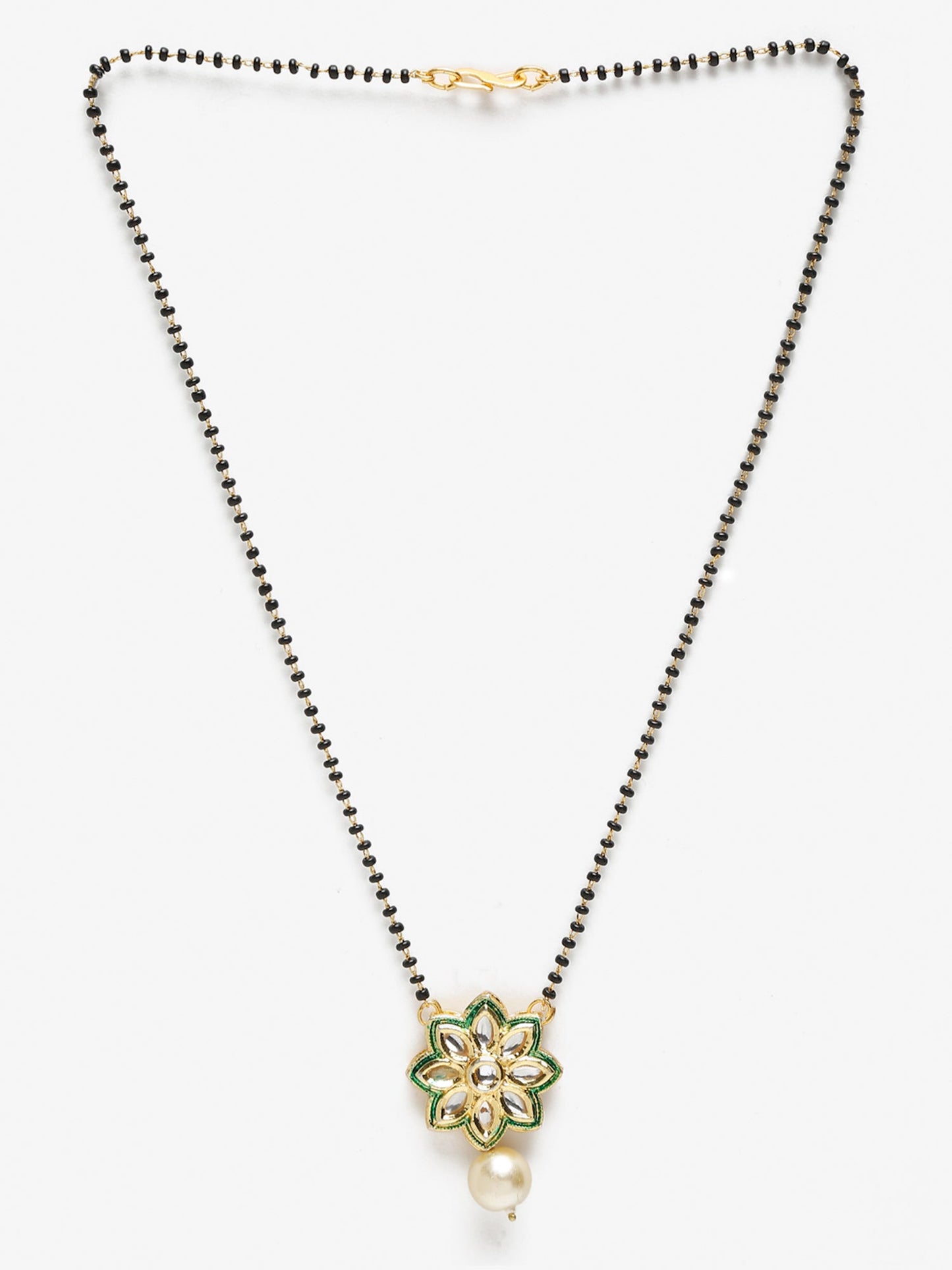 Gold-Polished Black Beaded White Kundan Studded Handcrafted Mangalsutra - Ruby Raang
