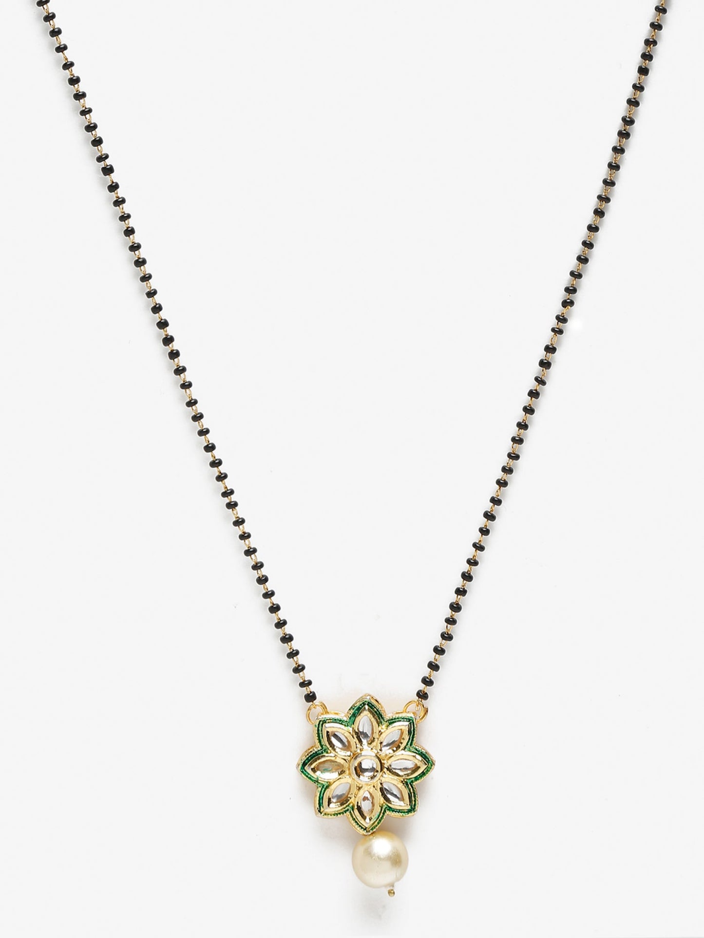 Gold-Polished Black Beaded White Kundan Studded Handcrafted Mangalsutra - Ruby Raang