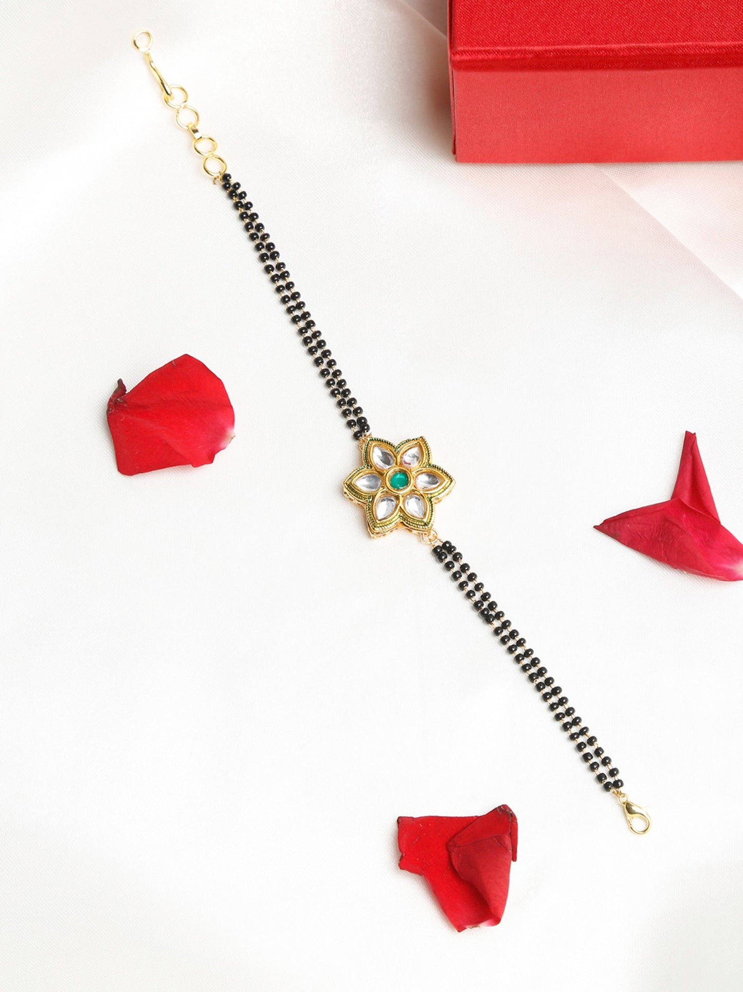 Black Gold-Polished Kundan Studded Mangalsutra Bracelet - Ruby Raang